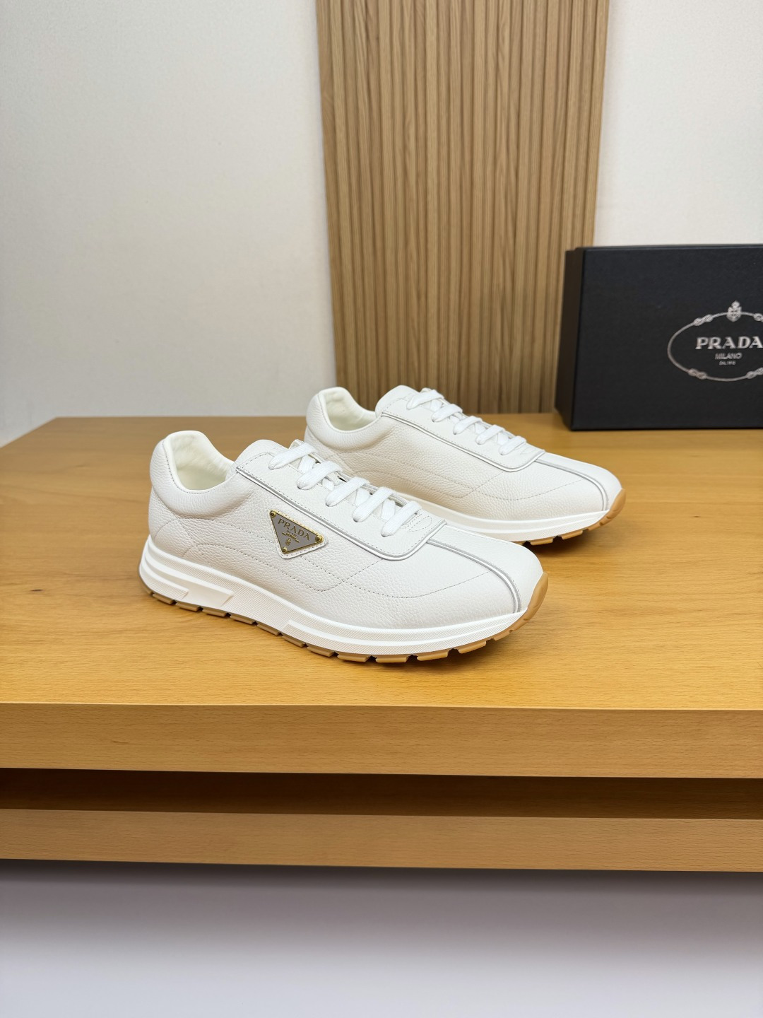 Prada White Leather Sneakers with Embossed Logo, Premium Quality, Size 38-44