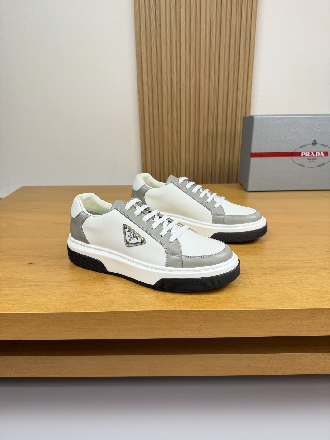 Prada Nappa Leather Sneakers with Metal Buckle - White/Grey, Sizes 39-44