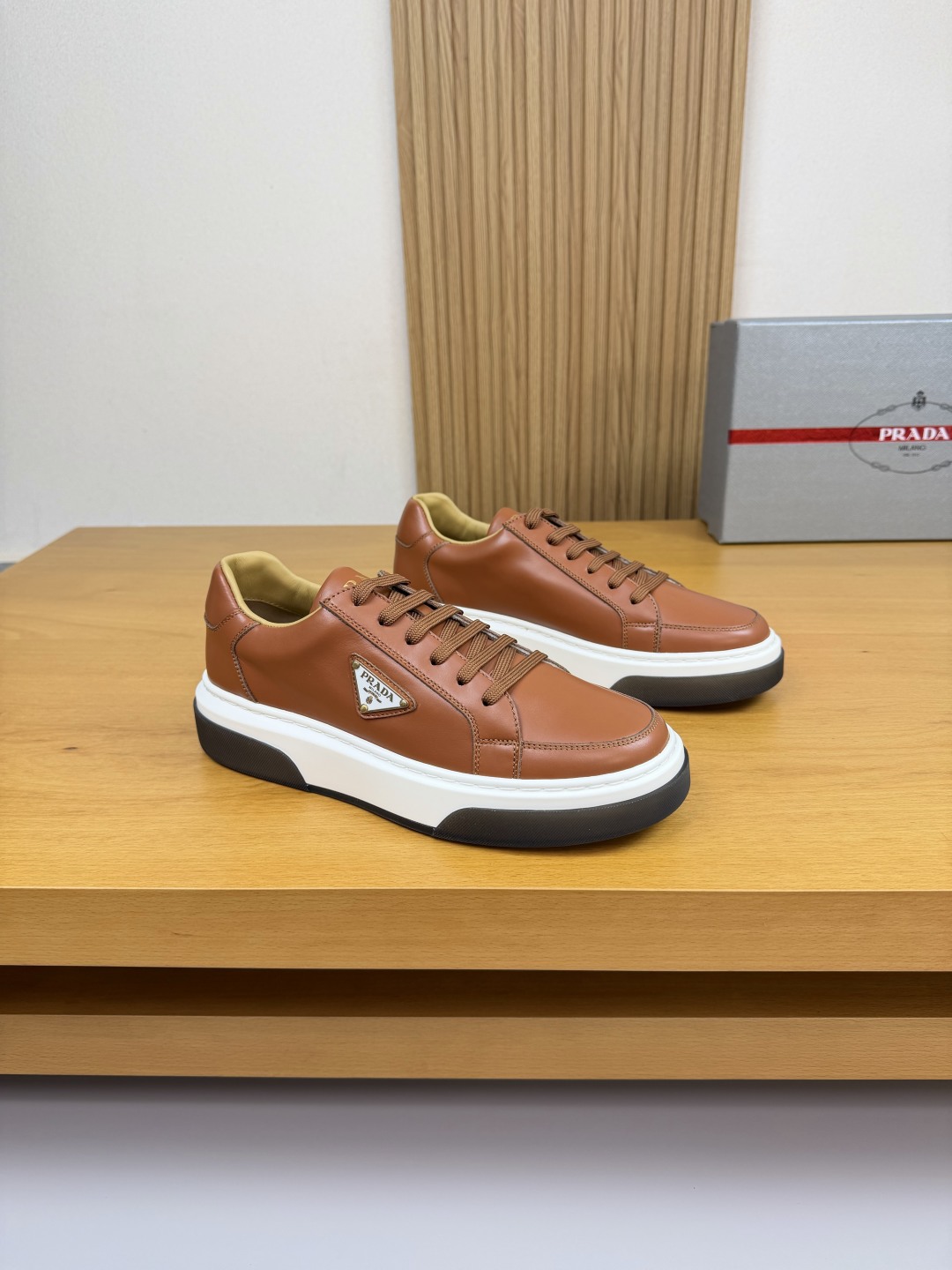 Prada Nappa Leather Sneakers With Metal Logo, Casual & Stylish, Brown 2 cmp i1760287118576 7469 0 0