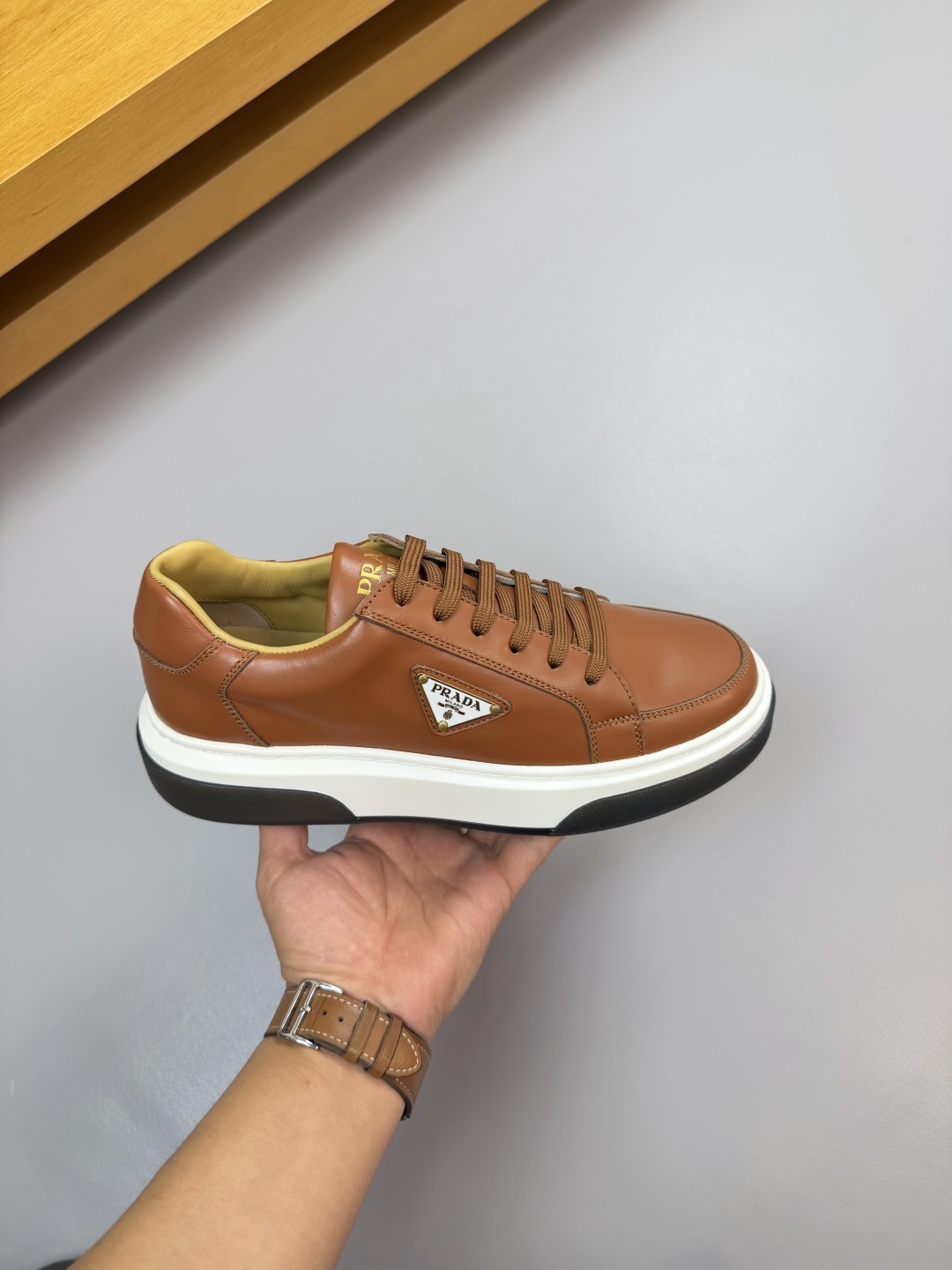 Prada Nappa Leather Sneakers With Metal Logo, Casual & Stylish, Brown 5 cmp i1760287120965 8278 0 3