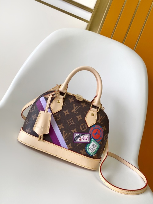 Louis Vuitton Alma BB Monogram Canvas Handbag with Patches - Stylish & Compact 1 Louis Vuitton Alma BB Monogram Canvas Handbag with Patches - Stylish & Compact