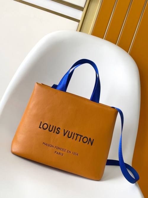 Louis Vuitton Shopper Medium Tote Bag in Brown Leather with Blue Straps
