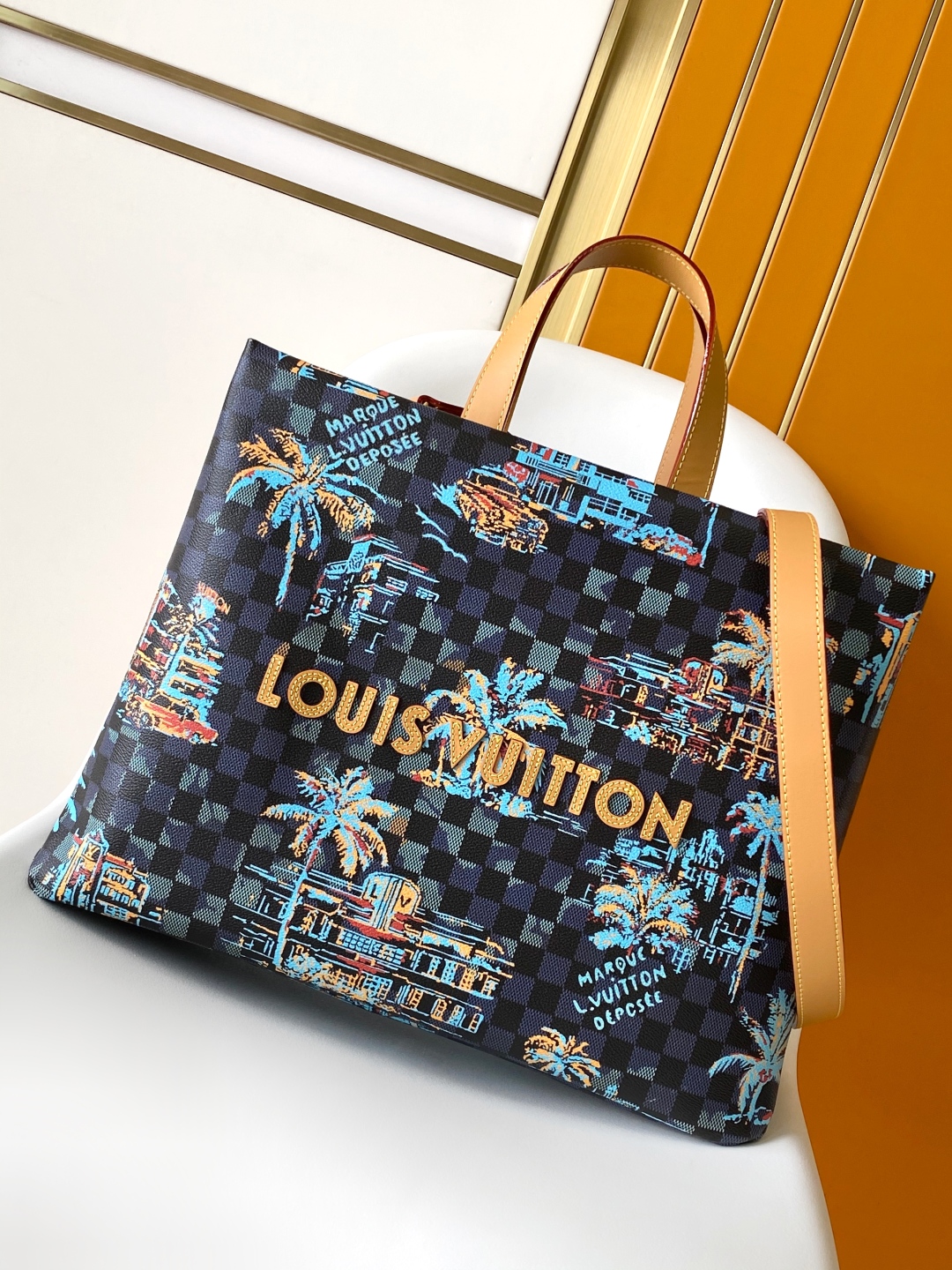Louis Vuitton Shopper Tote Damier Ebene Canvas met Palmboomprint, 40 x 32 x 16 cm