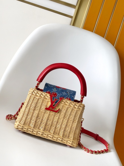Louis Vuitton Capucines Mini Handbag Wicker and Cherry Denim - Limited Edition 1 Louis Vuitton Capucines Mini Handbag Wicker and Cherry Denim - Limited Edition