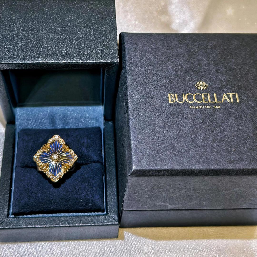 Buccellati V金材质对版精工布契拉提大号镶钻蓝珐琅戒指