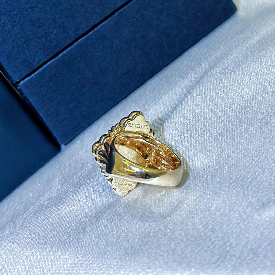 Buccellati V金材质对版精工布契拉提大号镶钻蓝珐琅戒指