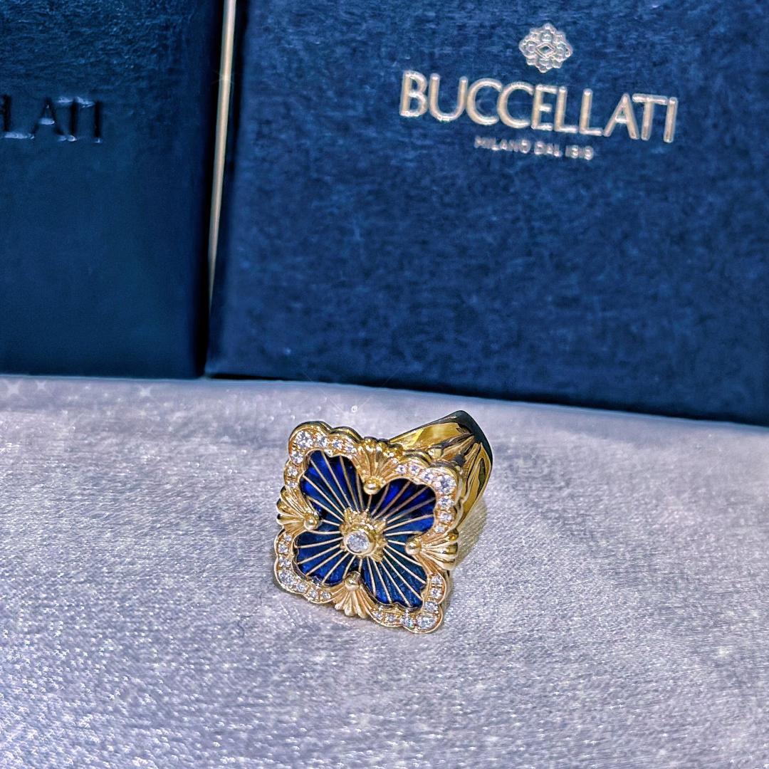 Buccellati V金材质对版精工布契拉提大号镶钻蓝珐琅戒指