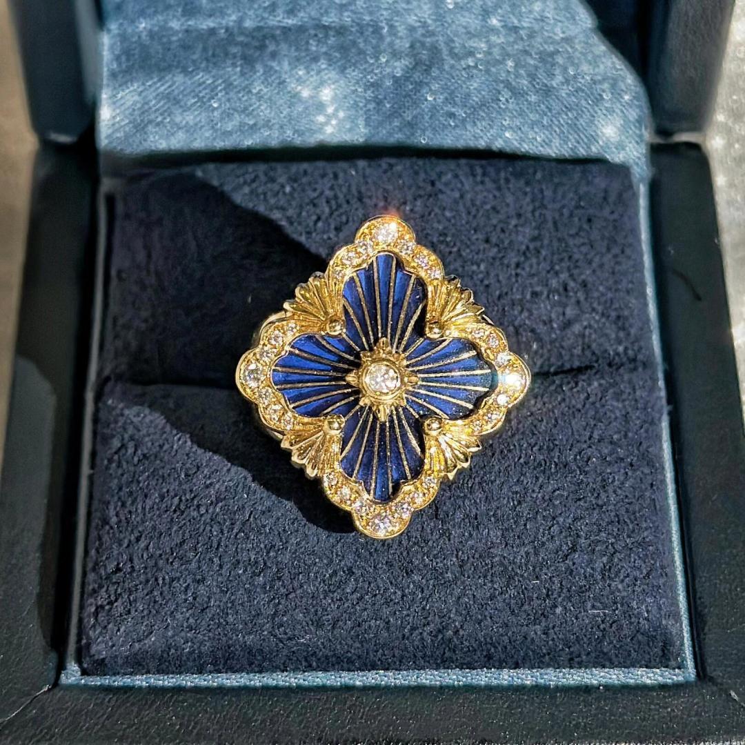 Buccellati V金材质对版精工布契拉提大号镶钻蓝珐琅戒指