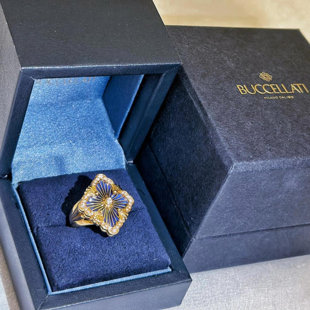 Buccellati V金材质对版精工布契拉提大号镶钻蓝珐琅戒指