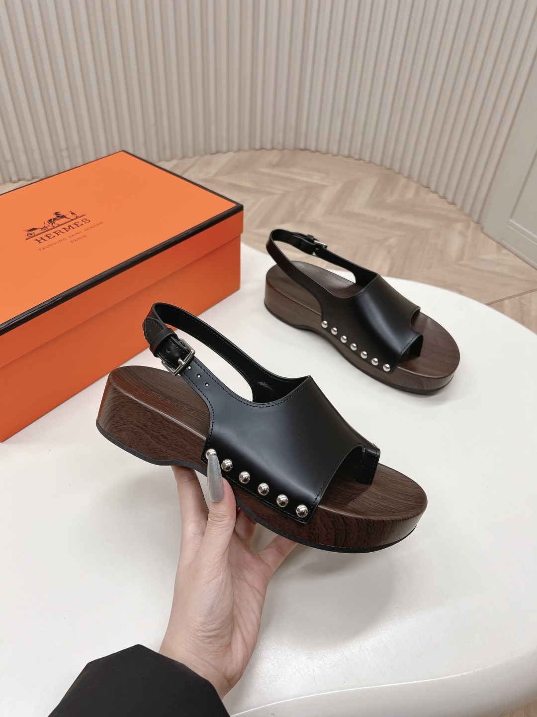 Hermes Women's Kos Mules Sandals, Leather Upper with Wooden Platform 1 Hermes Women's Kos Mules Sandals, Leather Upper with Wooden Platform