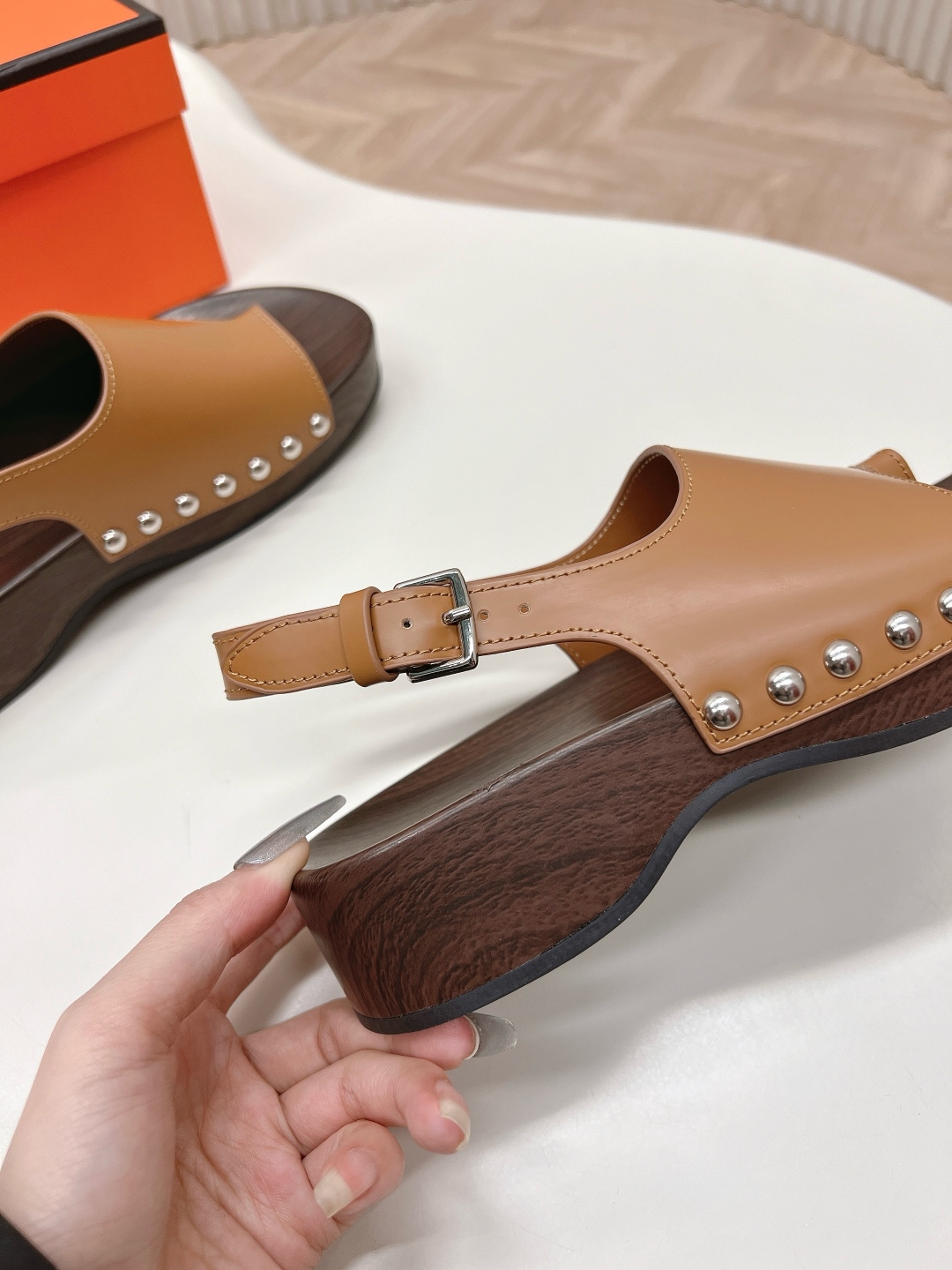 Hermès Kos Sandal: Leather Upper, Wood Platform, Adjustable Strap, Stud Detail 8 cmp i1741825269234 5009 0 6