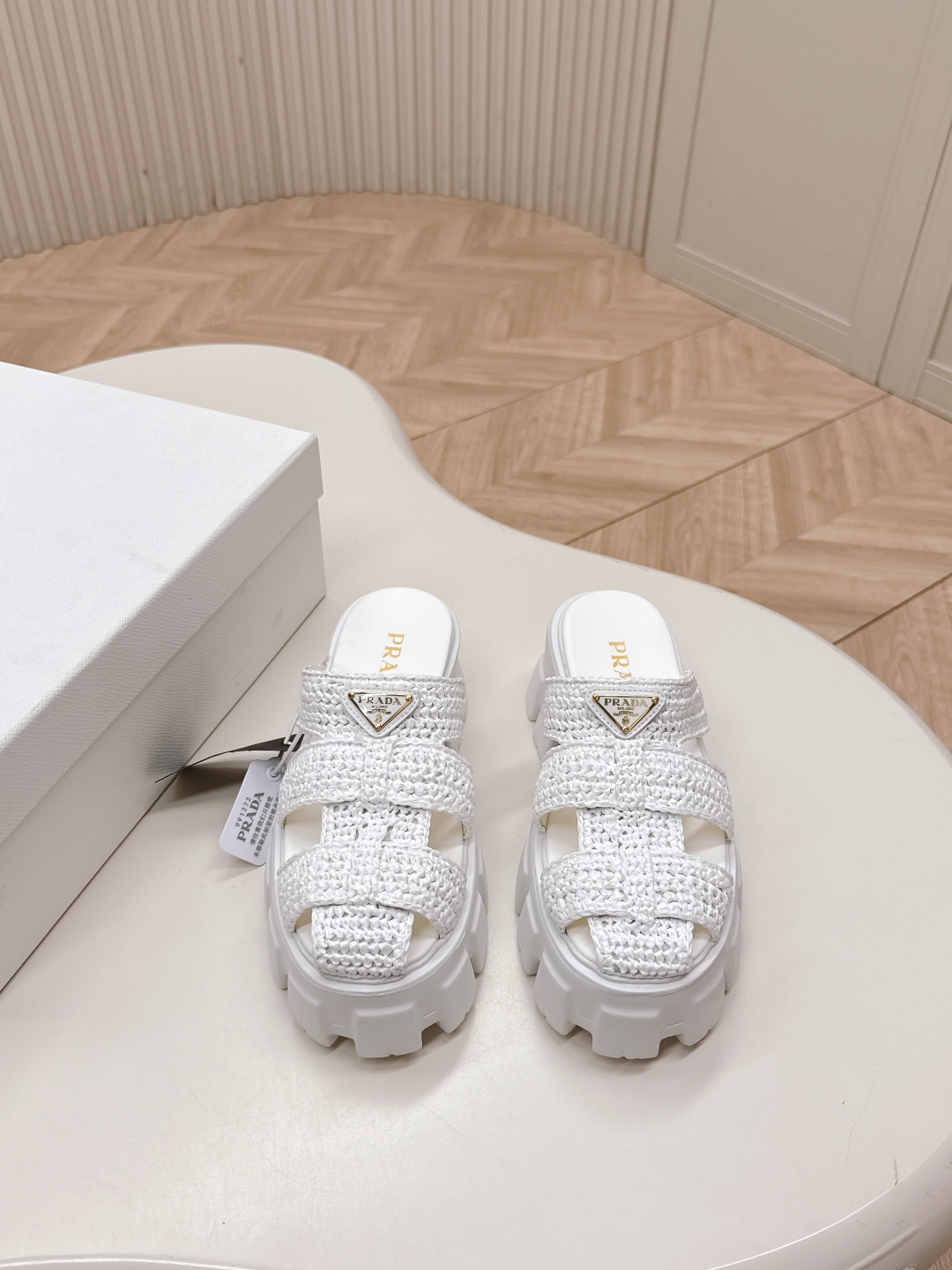 Prada White Woven Raffia Platform Sandals Iconic Logo Summer Style
