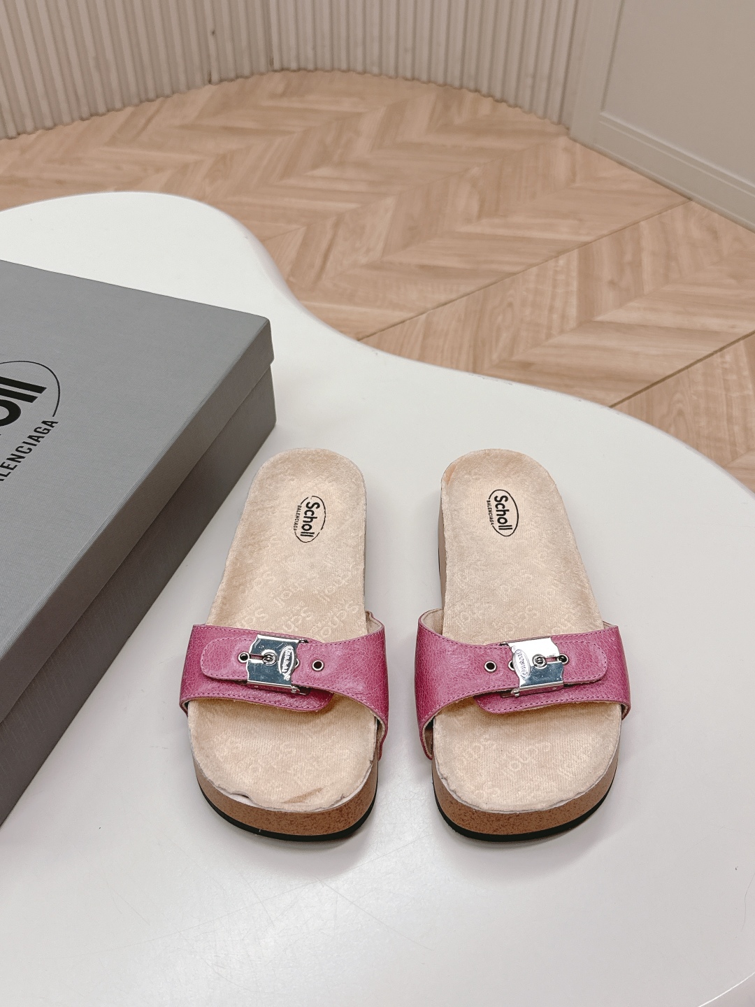 Balenciaga Women's Pink Leather Cork Platform Buckle Slide Sandals 3 cmp i1746108655289 8264 0 0