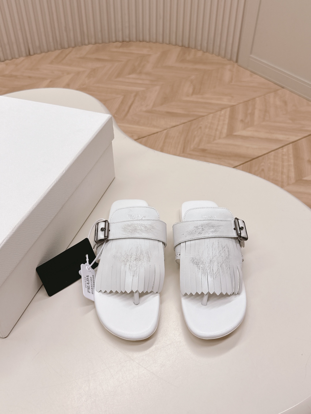 Prada Fringe Leather Sandals Retro Summer Slides with Buckle - White