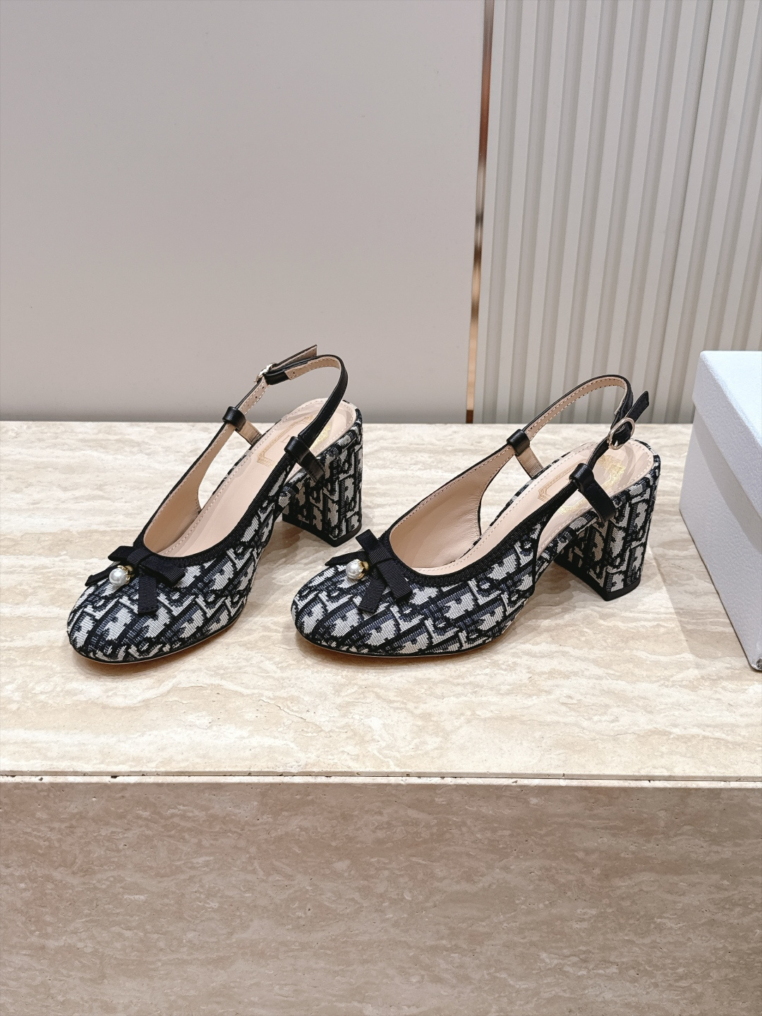 Black Patterned Slingback Heels