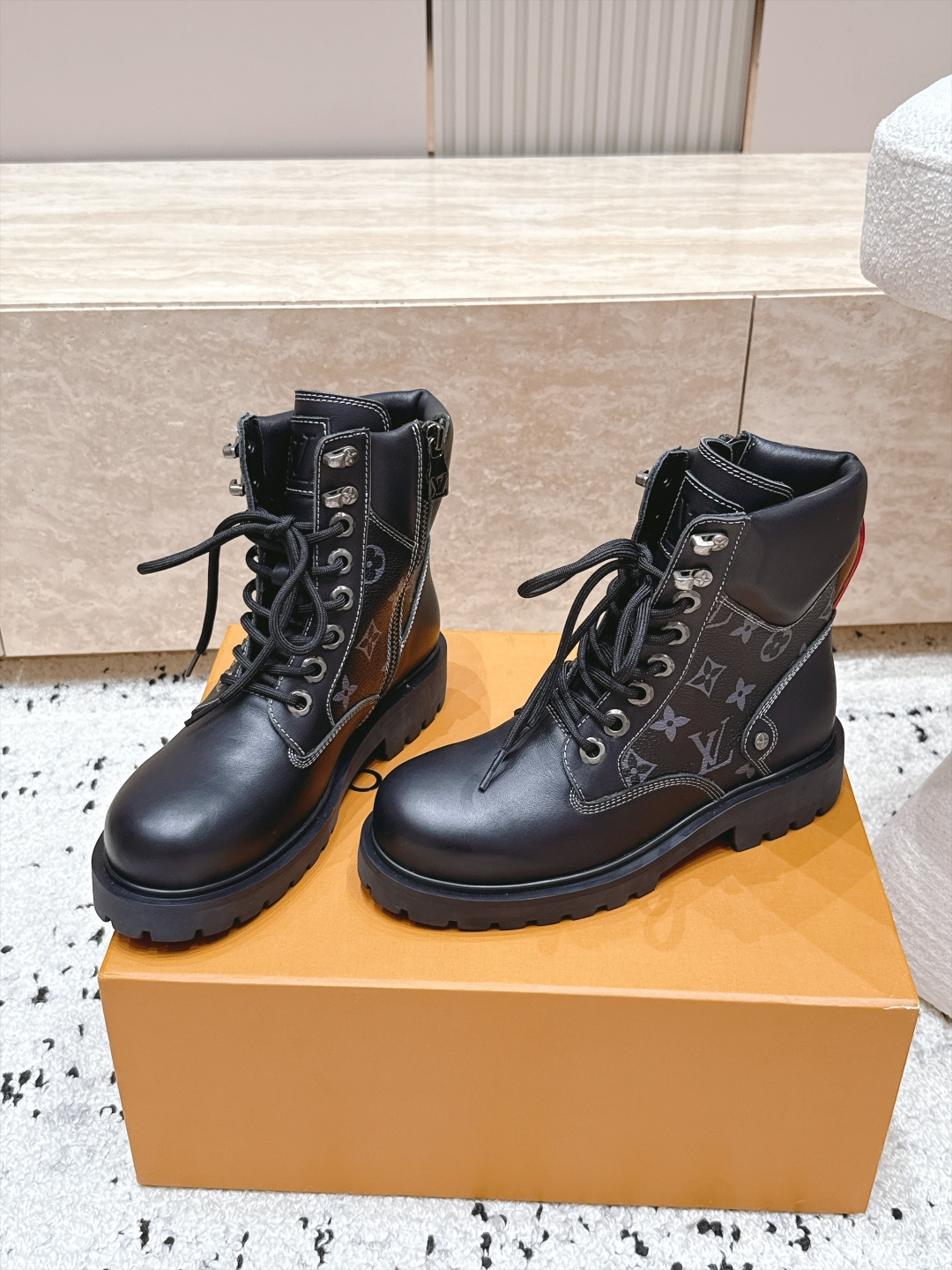 Louis Vuitton Black Monogram Lace-Up Boots