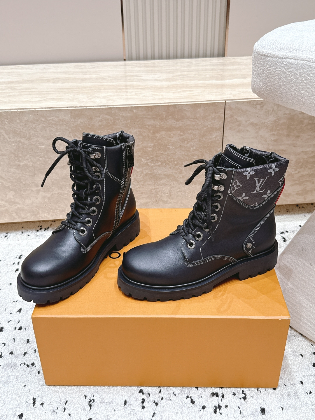 Louis Vuitton Black Monogram Collar Lace-Up Boots