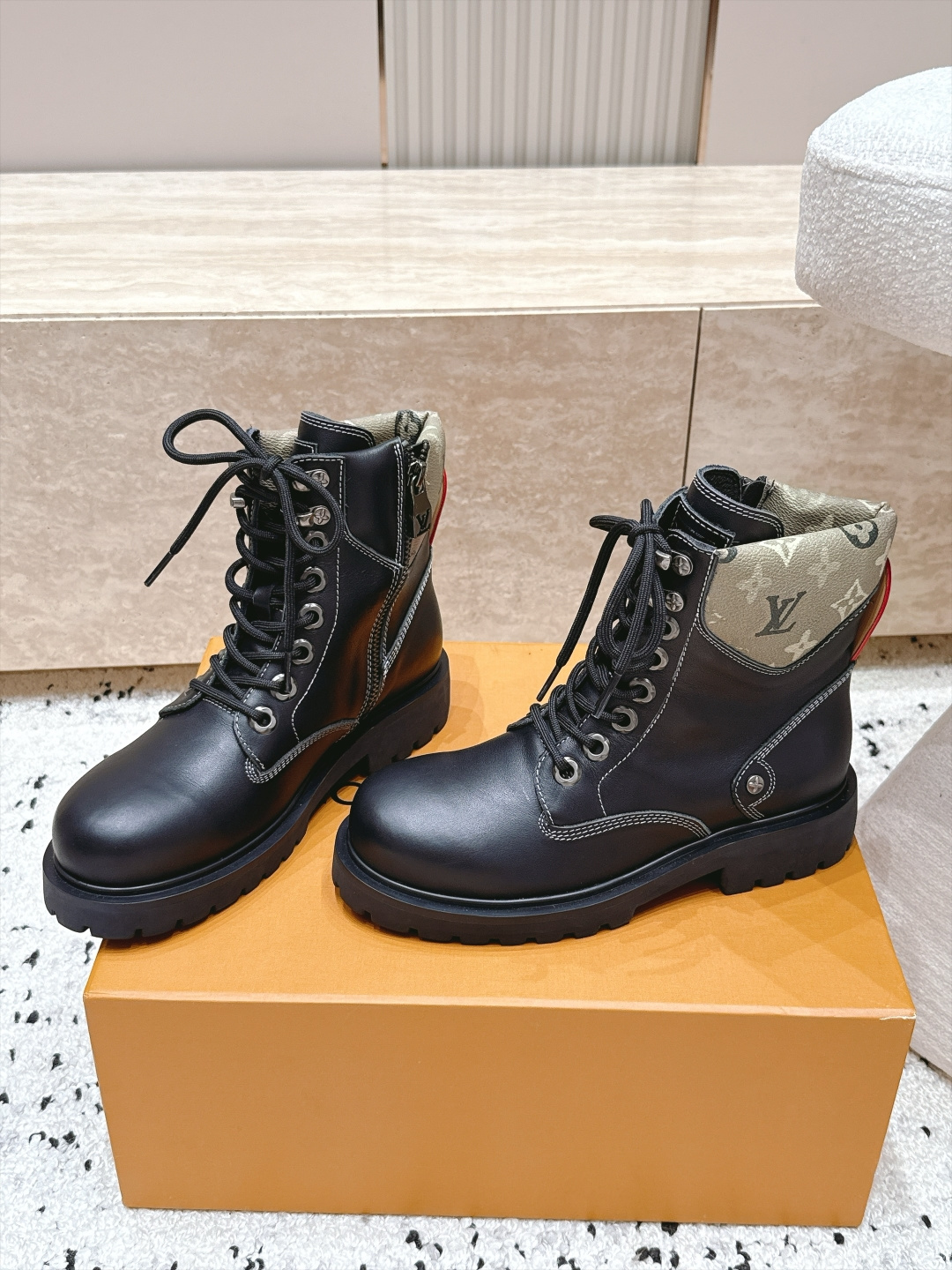 Louis Vuitton Black Monogram Collar Lace-Up Boots
