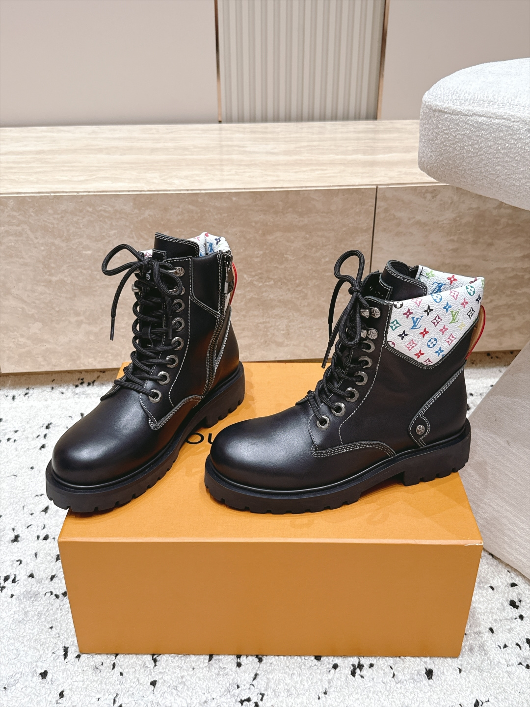 Louis Vuitton Black Monogram Collar Lace-Up Boots