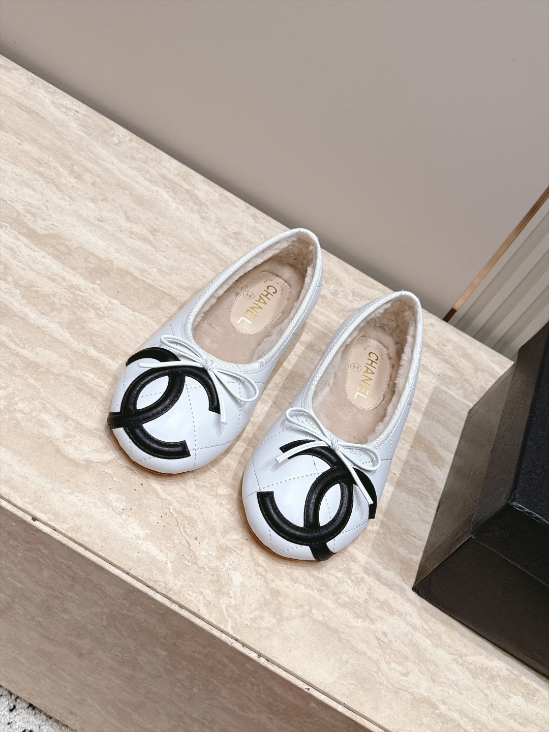 Chanel Silver Logo Bow Ballet Flats