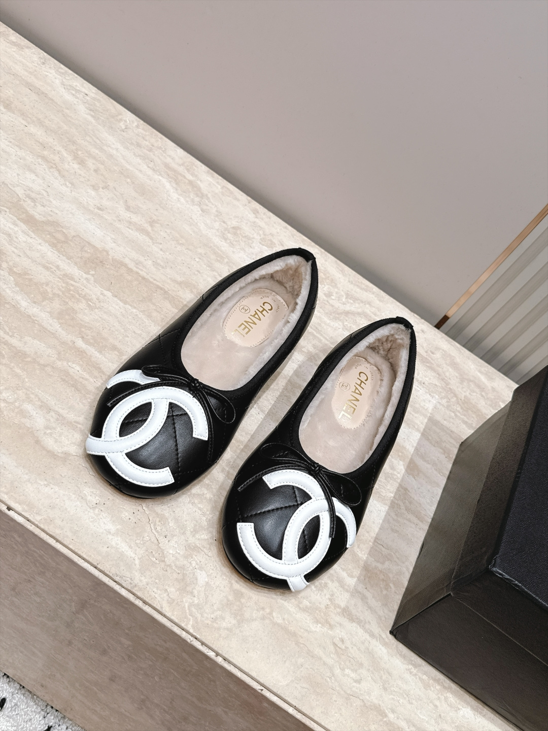 Chanel Black Logo Bow Ballet Flats