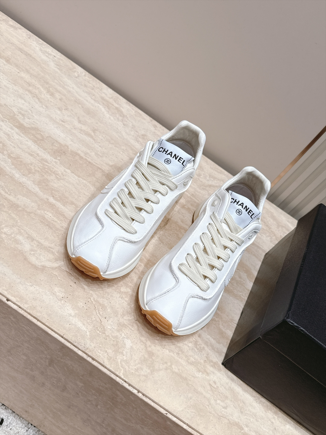 Chanel White Lace-Up Sneakers
