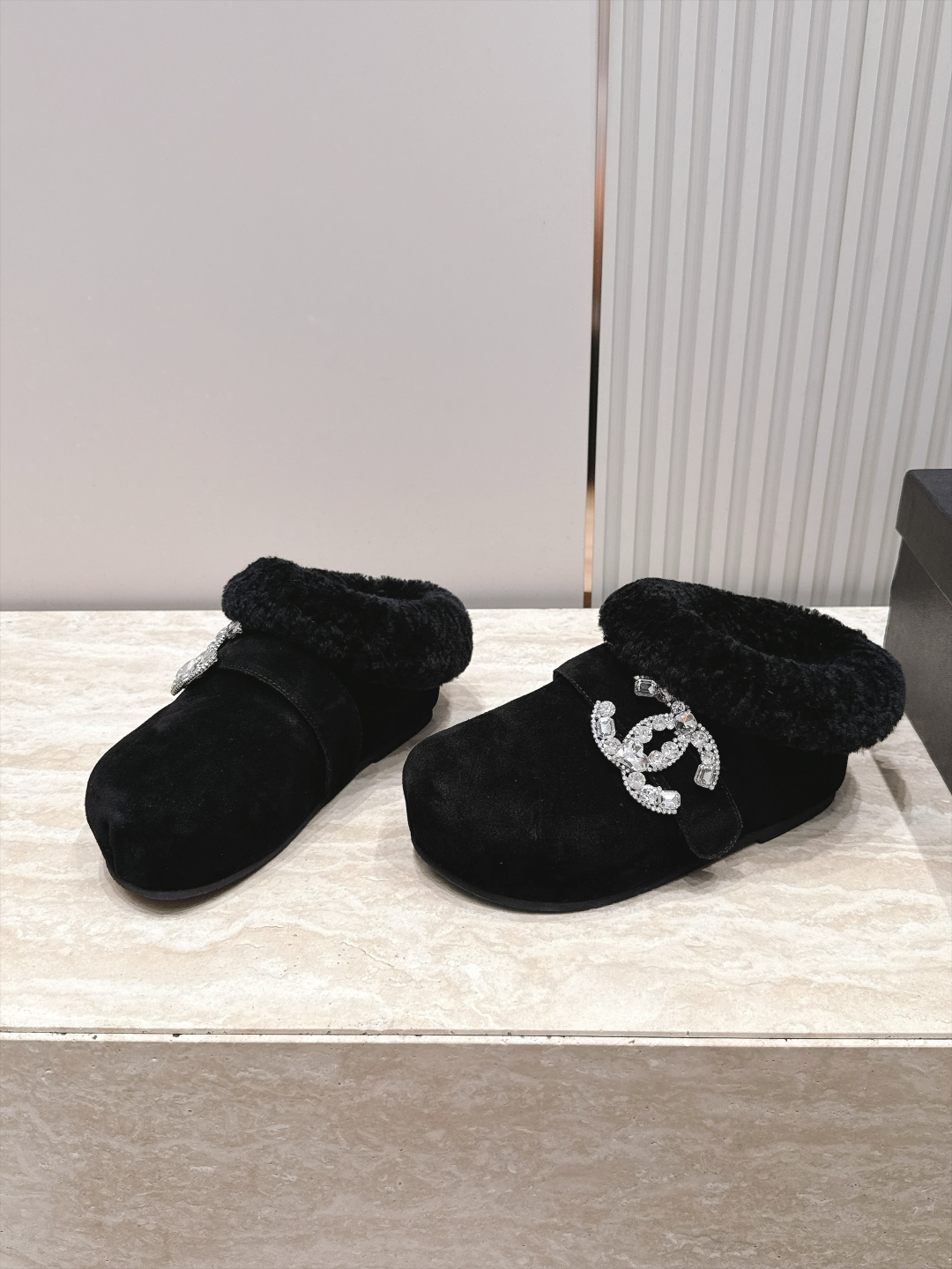 Chanel Black Logo Fuzzy Cuff Ankle Boots