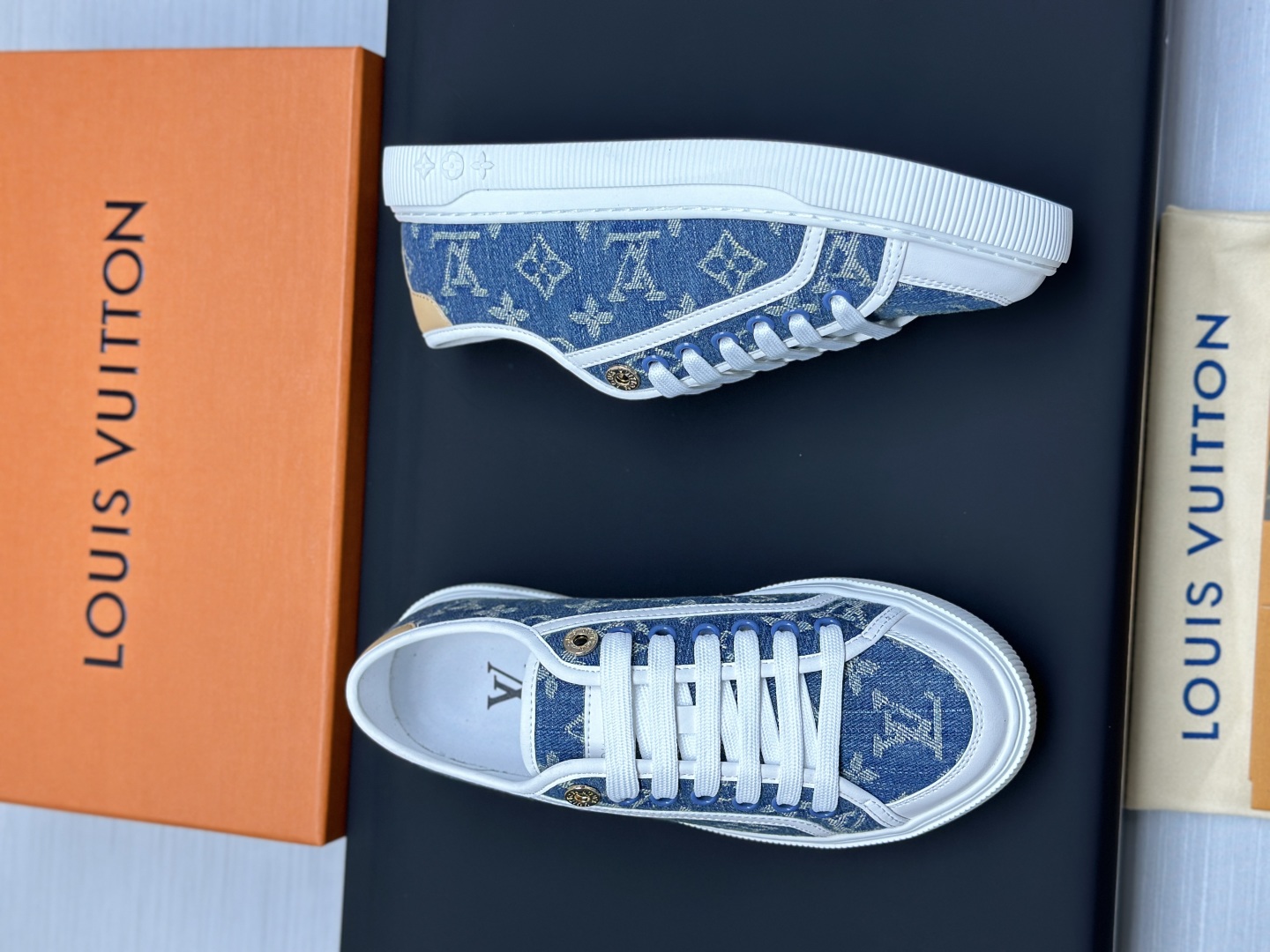 Louis Vuitton Time Out Denim Monogram Sneakers - Casual Designer Shoes 9 cmp i1743606909295 9979 0 7