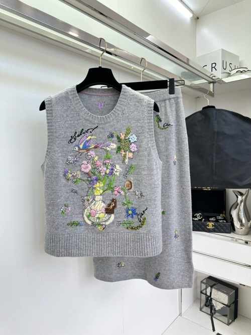 Floral Embroidered Wool Blend Sweater Vest and Skirt Set - Women's Outfit 1 Floral Embroidered Wool Blend Sweater Vest and Skirt Set - Women's Outfit