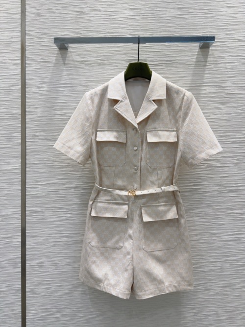 Gucci 2025SS Women's Beige Logo Romper with Lapel Collar and Belt