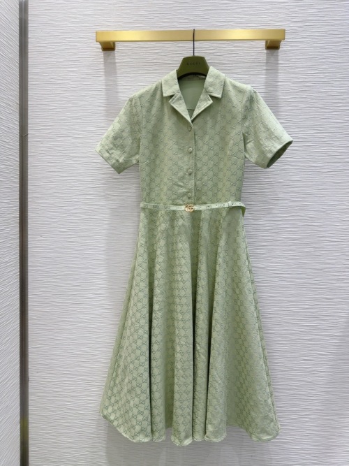 Gucci 2025SS Women's Green Monogram Dress with Belt - Classic & Fashionable