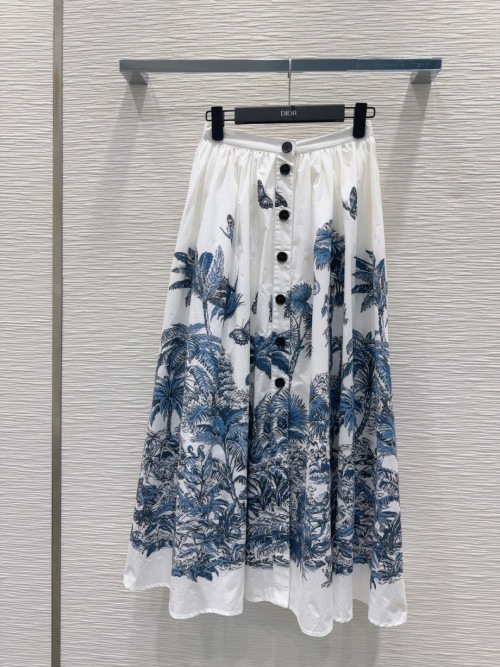 Dior White & Blue Tropical Print Button-Front Midi Skirt - Elegant & Versatile