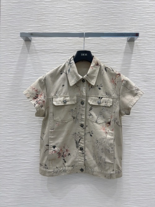 Dior Floral Print Short Sleeved Denim Jacket Elegant High-end Design