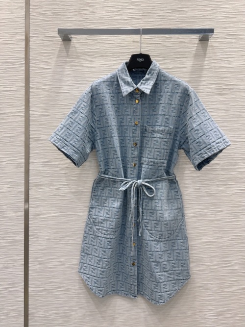 Fendi 2025SS Limited Edition Monogram Denim Shirt Dress with Belt 1 Fendi 2025SS Limited Edition Monogram Denim Shirt Dress with Belt
