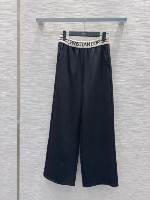 Dior 2025SS Women's Black Wide Leg Pants with Logo Waistband - Elegant 1 Dior 2025SS Women's Black Wide Leg Pants with Logo Waistband - Elegant