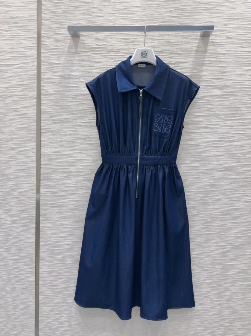 Loewe Denim Mini Dress - Sleeveless, Zip-Up, Embroidered Logo, Dark Blue 1 Loewe Denim Mini Dress - Sleeveless, Zip-Up, Embroidered Logo, Dark Blue