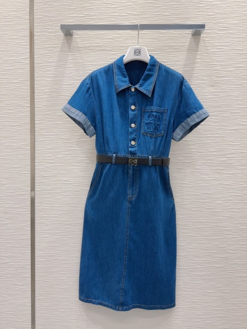 Loewe Denim Midi Dress, Functional Pockets, Short Sleeves, With Belt 1 Loewe Denim Midi Dress, Functional Pockets, Short Sleeves, With Belt