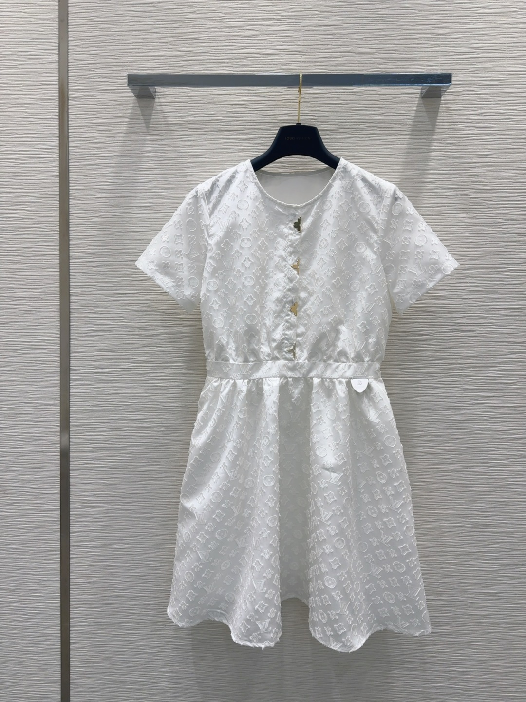 Louis Vuitton 2025SS White Jacquard Mini Dress with Gold Button Accents
