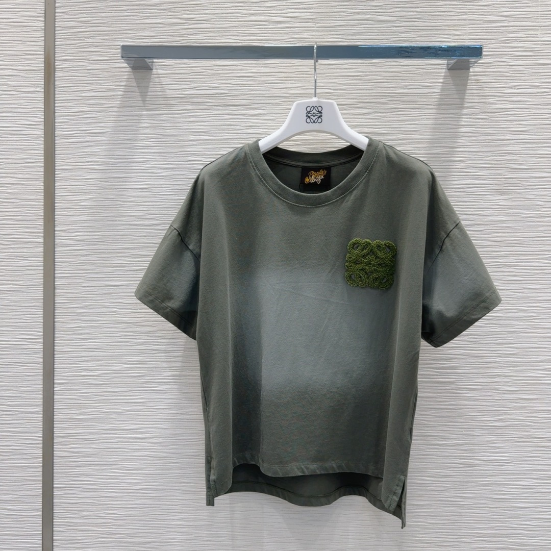 Loewe 2025SS Olive Green Cotton T-Shirt with Braided Pocket, S-L