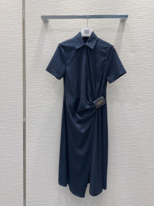 Loewe 2025SS Navy Pinstripe Midi Dress with Asymmetric Drape Detail 1 Loewe 2025SS Navy Pinstripe Midi Dress with Asymmetric Drape Detail