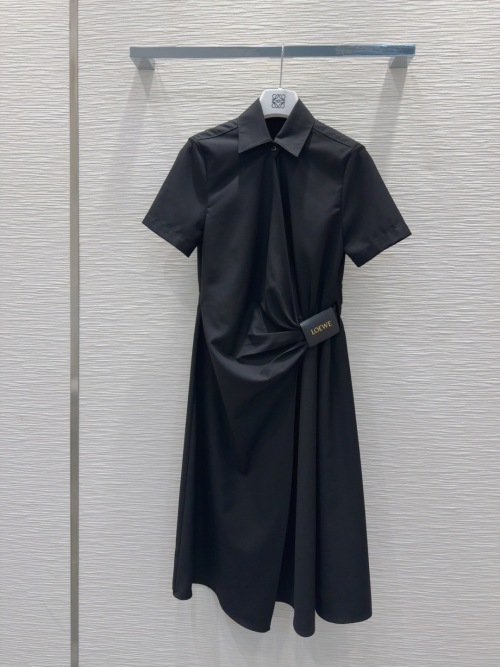 Loewe Black Midi Dress, Short Sleeve Collared Dress with Buckle Detail 1 Loewe Black Midi Dress, Short Sleeve Collared Dress with Buckle Detail