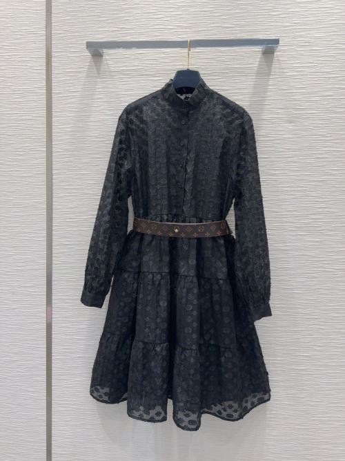 Louis Vuitton 2025FW Black Floral Layered Midi Dress with Long Sleeves 1 Louis Vuitton 2025FW Black Floral Layered Midi Dress with Long Sleeves