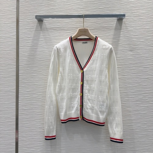 Miu Miu White Wool Cardigan with Red and Navy Trim, Gold Button Closure 1 Miu Miu White Wool Cardigan with Red and Navy Trim, Gold Button Closure