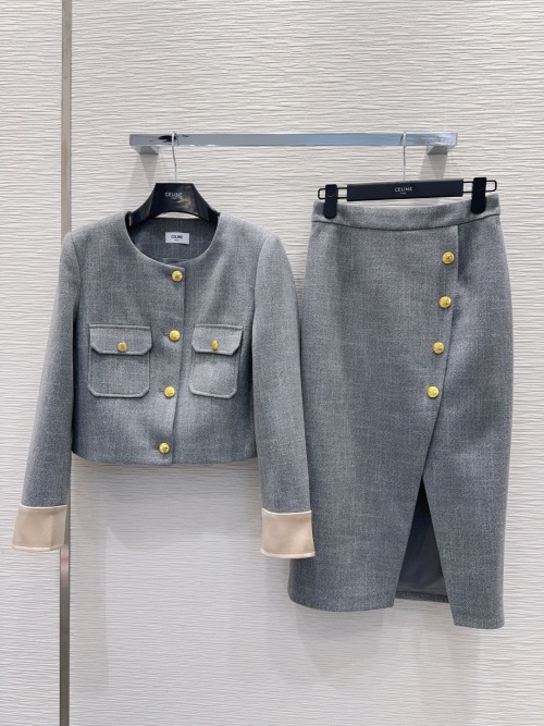 Celine 2025FW Women's Gray Tweed Skirt Suit - Retro Elegant Style 1 Celine 2025FW Women's Gray Tweed Skirt Suit - Retro Elegant Style