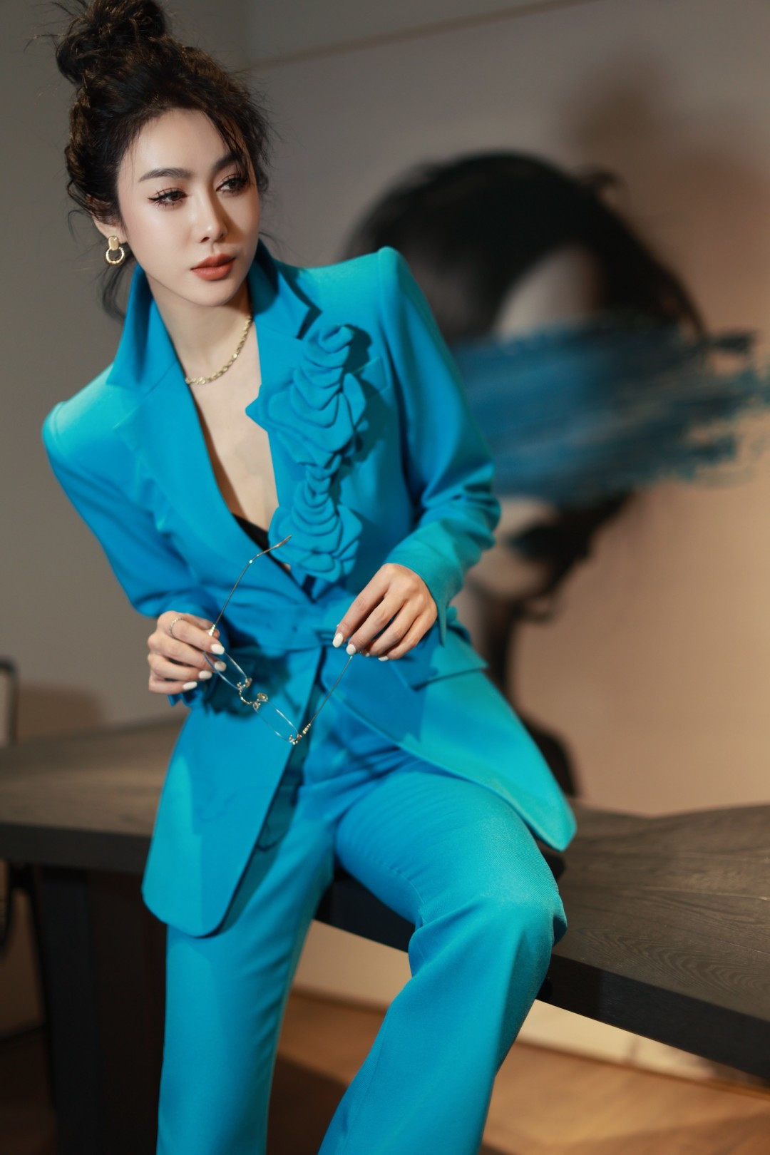 p989 High Quality Women’s Clothes with Packing V Home, High-Sensor Stereo Cut flowers, Small SmLXL Blue - 图片 9