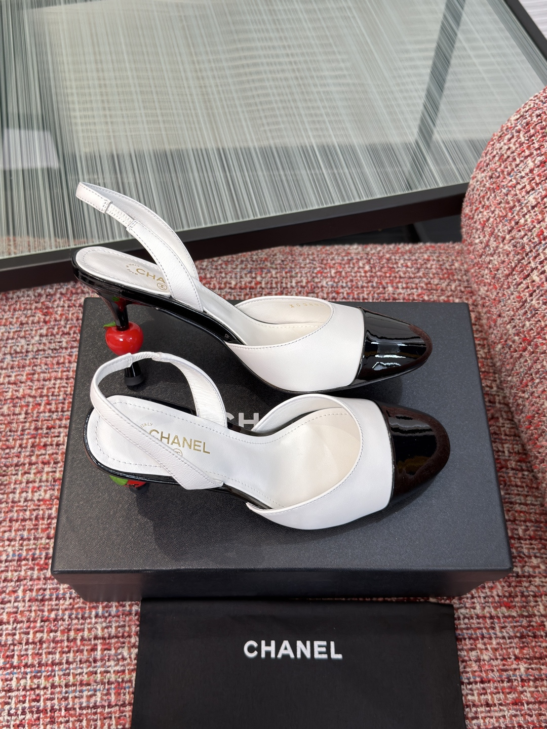 CHANEL Two-Tone Cherry Heel Slingback Pumps