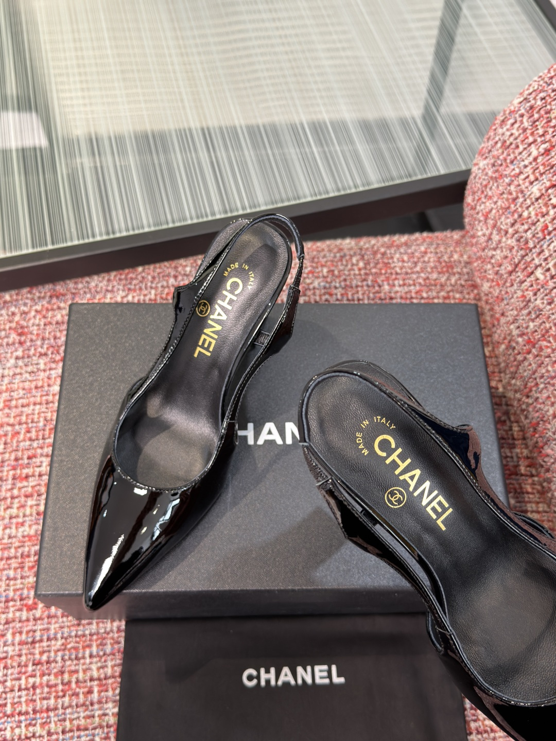 CHANEL Black Patent CC Cube Heel Slingback Pumps