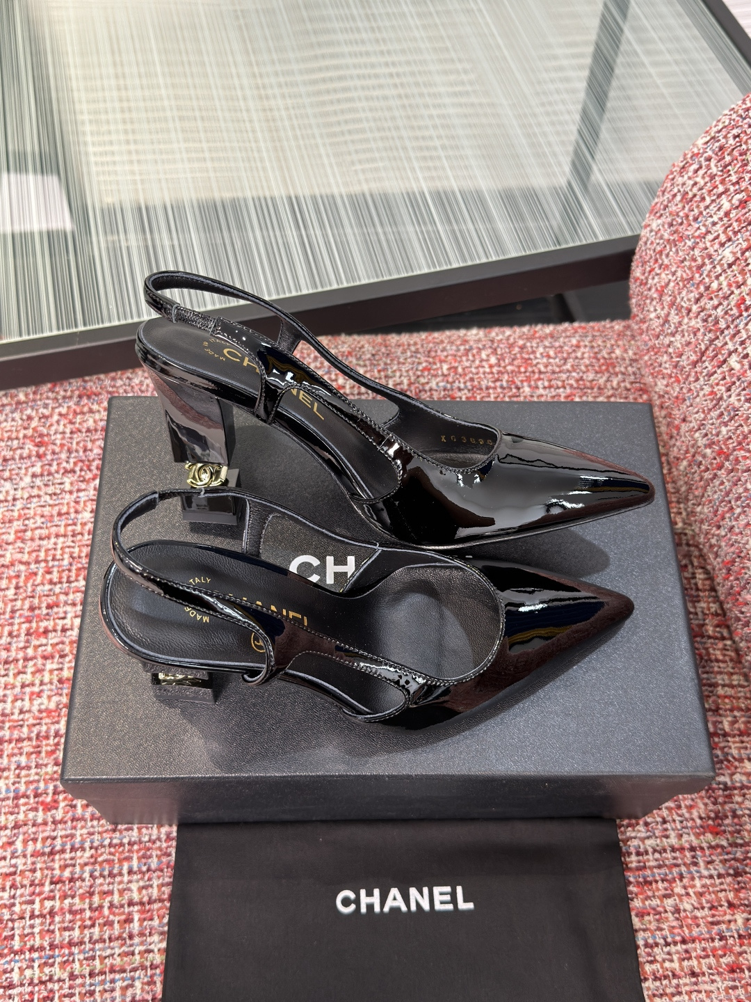 CHANEL Black Patent CC Cube Heel Slingback Pumps