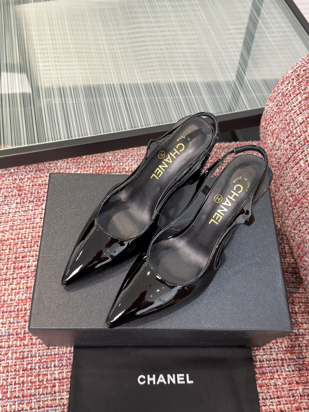 CHANEL Black Patent CC Cube Heel Slingback Pumps