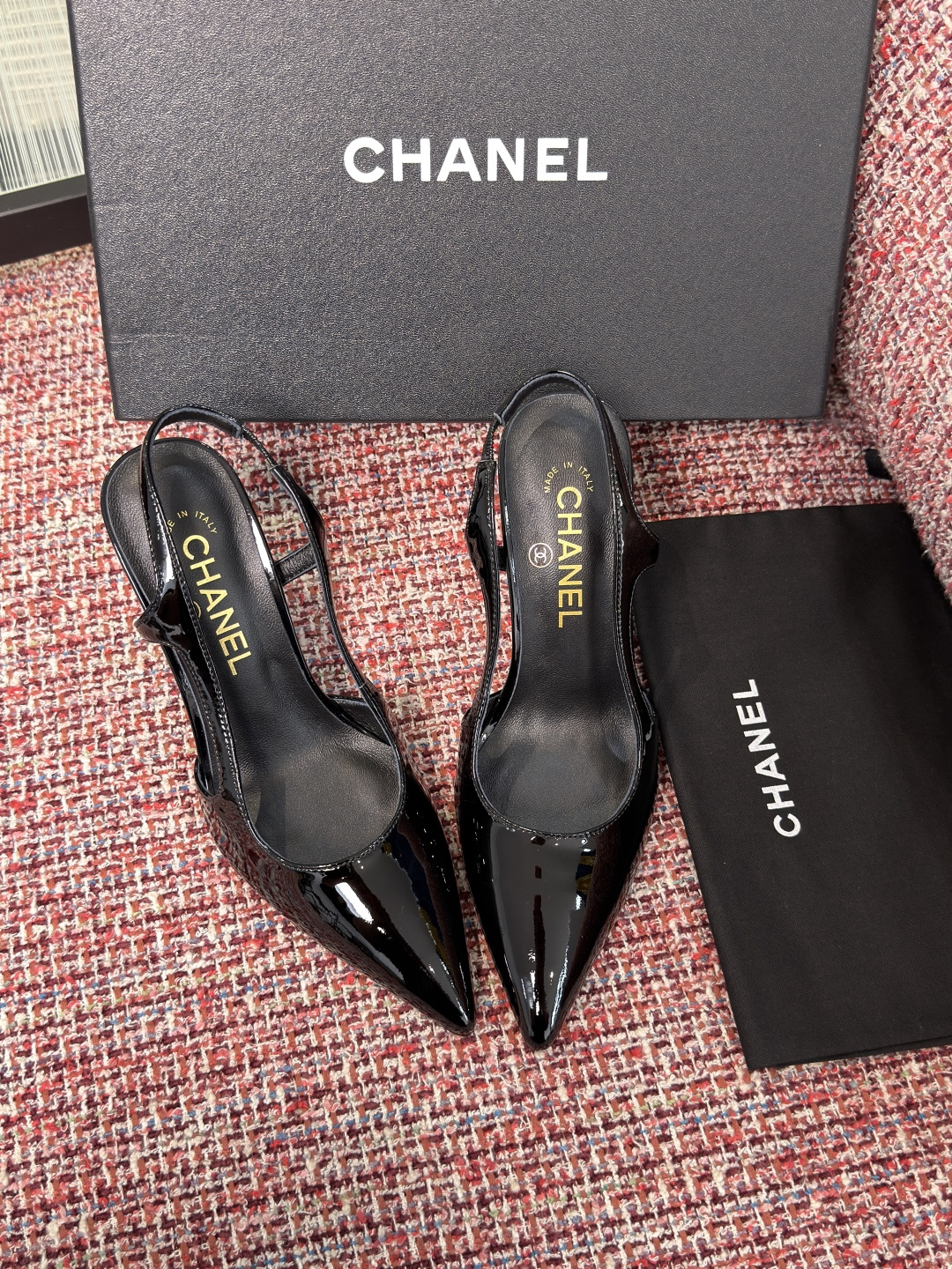 CHANEL Black Patent CC Cube Heel Slingback Pumps